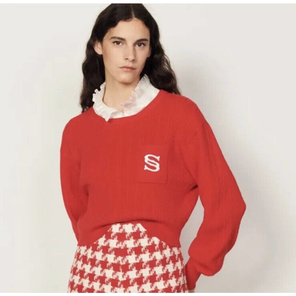 Sandro Small RED Letter Embroidery crew neck Knitted Sweater Academia Logo N17 - Picture 1 of 9